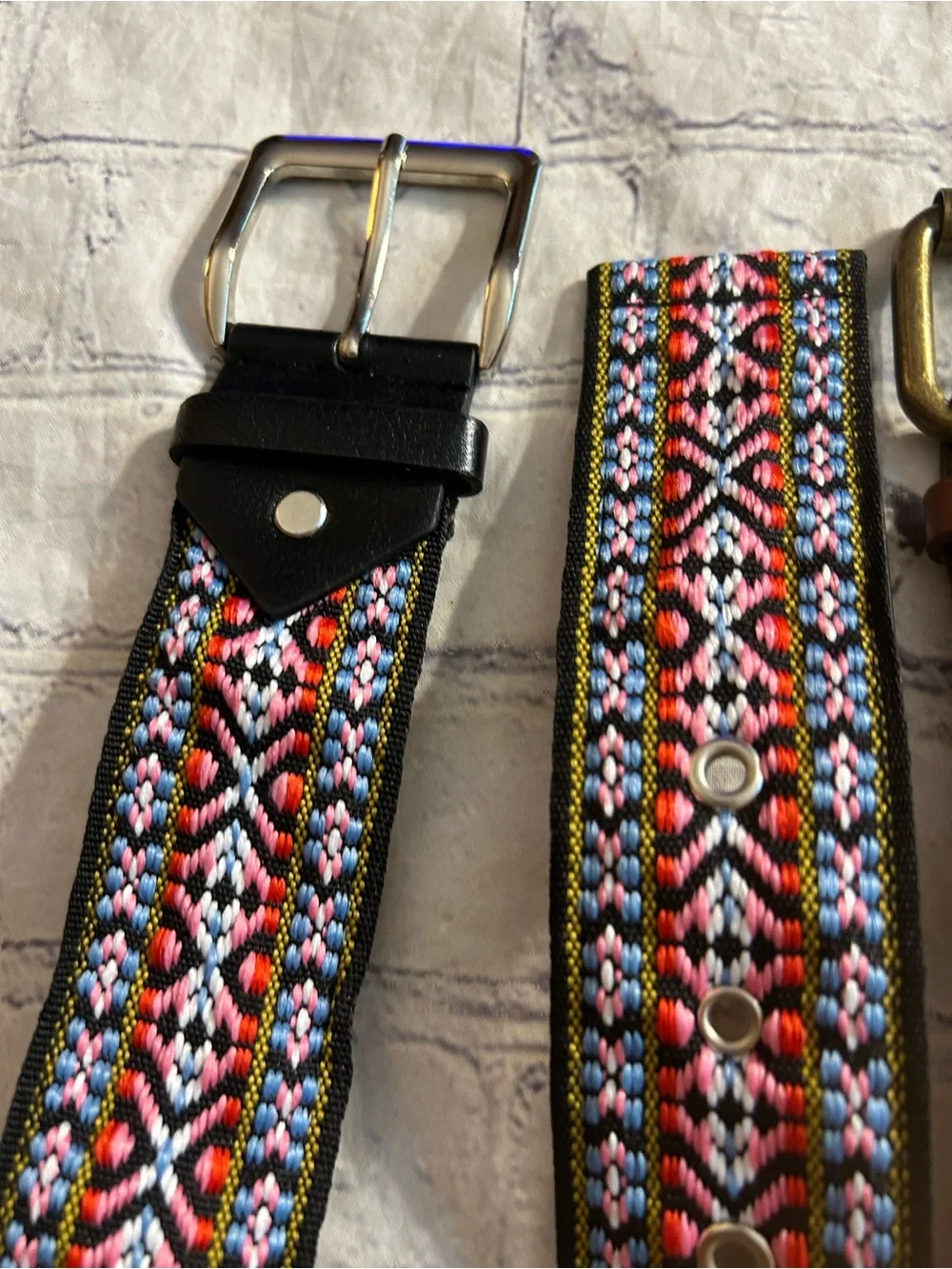 BOHO AZTEC WESTERN MULTI COLORED FABRIC VEGAN BLACK & BROWN (2) BELTS SIZE 1X